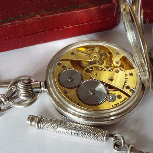 fig 2. 1930s silver Benson pocket watch & accoutrements