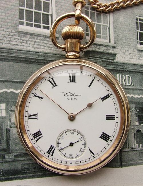 fig 1. Antique 1903 Waltham Traveler pocket watch and chain