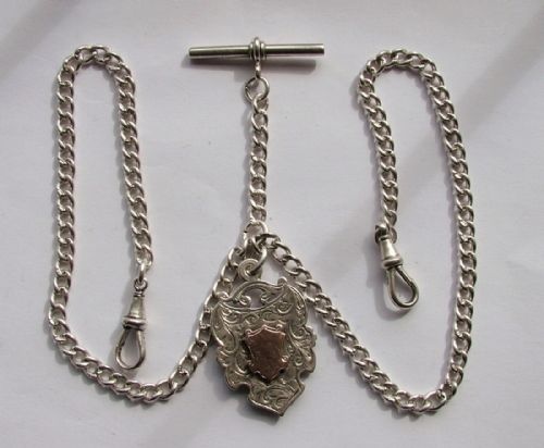 Antique Silver Double Watch Chain and Fob.
