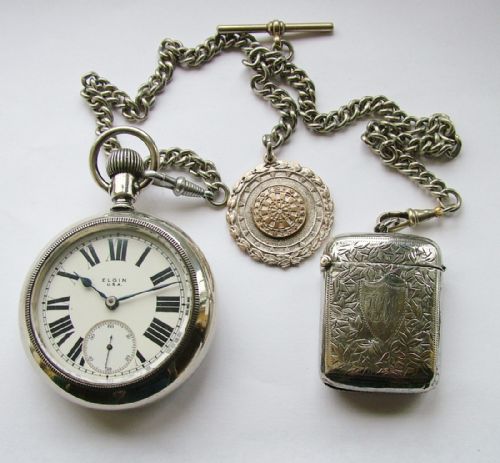 A Large 1920s Elgin Pocket Watch, Chain & Vesta