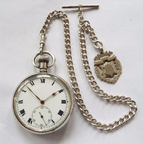 Antique Thommen Silver Open Faced Pocket Watch and Chain