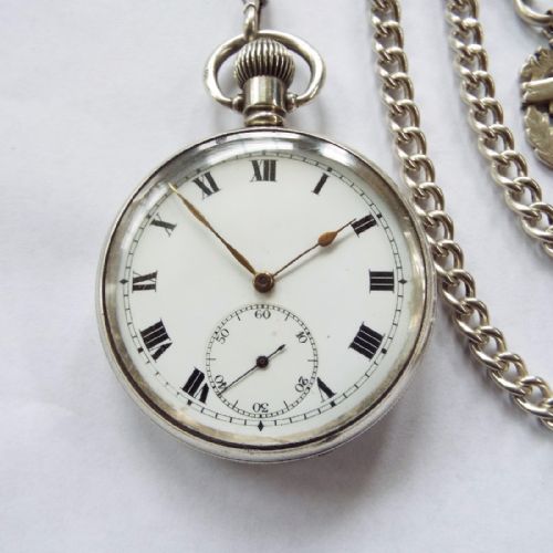 fig 1. Antique Thommen silver open faced pocket watch and chain