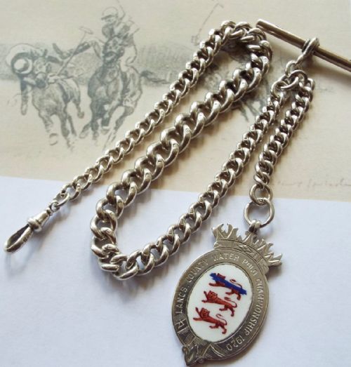 Antique Silver Watch Chain & Lancs Water Polo Fob
