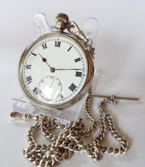 Antique 1919 Silver Selezi Pocket Watch & Chain