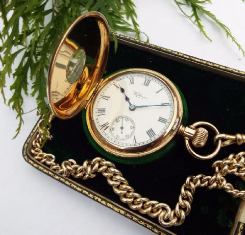 fig 1. Antique Waltham half hunter pocket watch, chain and box