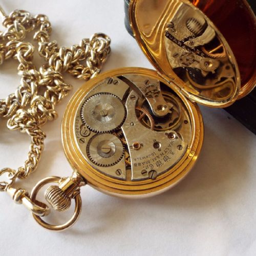 fig 2. Antique Waltham half hunter pocket watch, chain and box