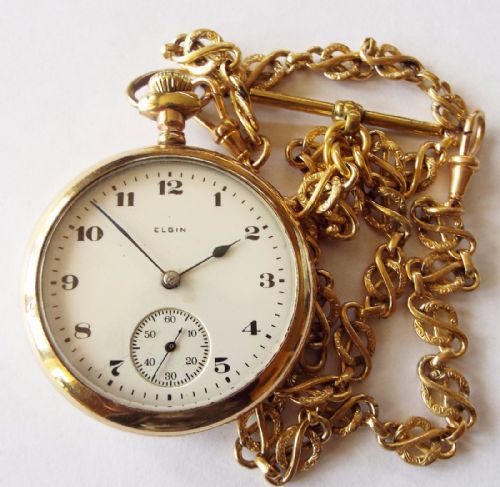 1922 Gold Plated Elgin Pocket Watch with Chain