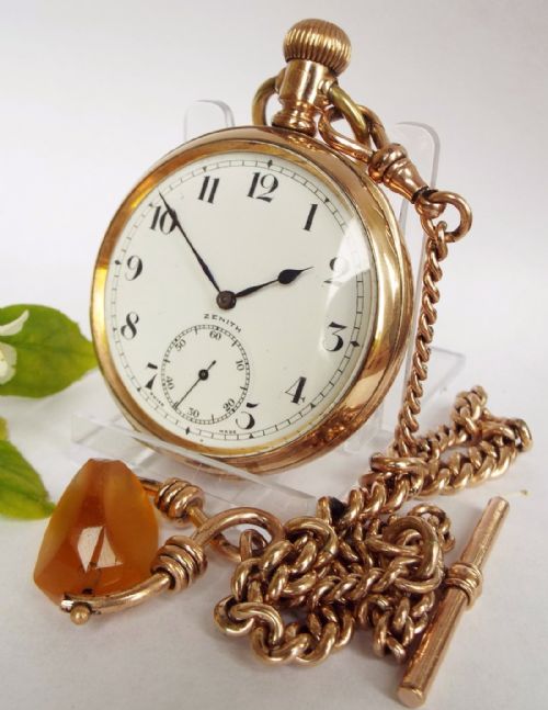 1940 Zenith Open Faced Pocket Watch with Chain