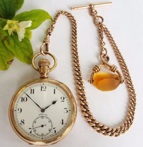 fig 1. 1940 Zenith open faced pocket watch with chain