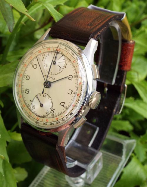 fig 1. 1940s Thuya chronograph watch with 'phone markers