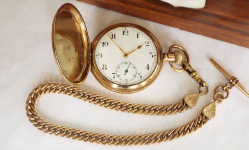 fig 1. An antique full hunter pocket watch from Kay & Co Ltd, with chain