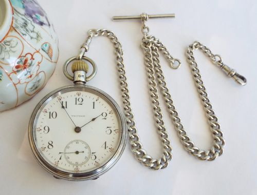 fig 1. 1901 silver Waltham Riverside pocket watch & chain