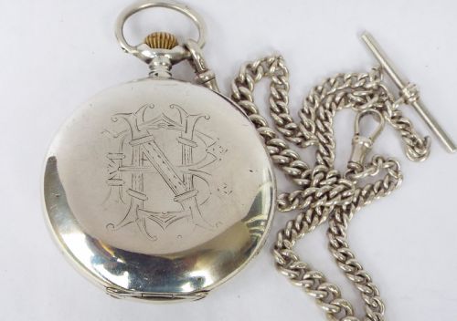 fig 2. Antique silver Omega pocket watch & double albert