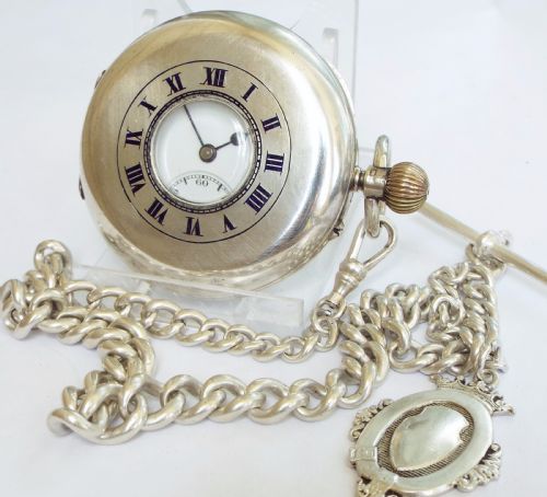 1924 English Silver Hunter Pocket Watch & Chain