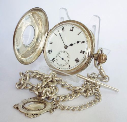 fig 1. 1924 English silver hunter pocket watch & chain