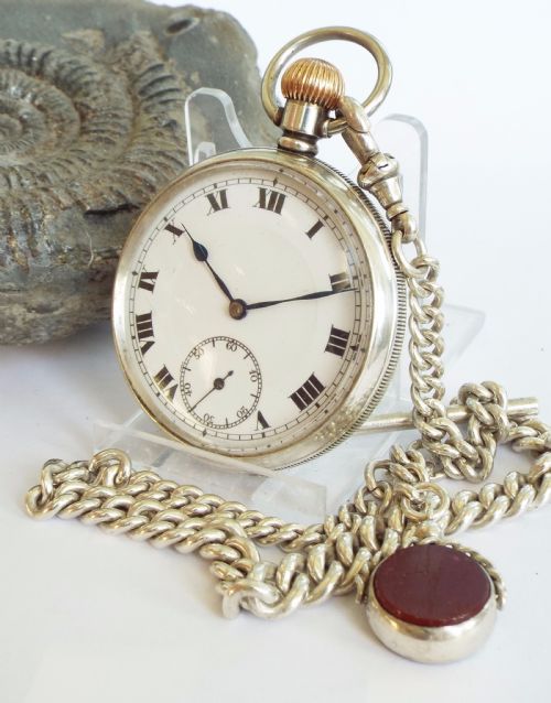 1938 Silver Pocket Watch with Silver Chain