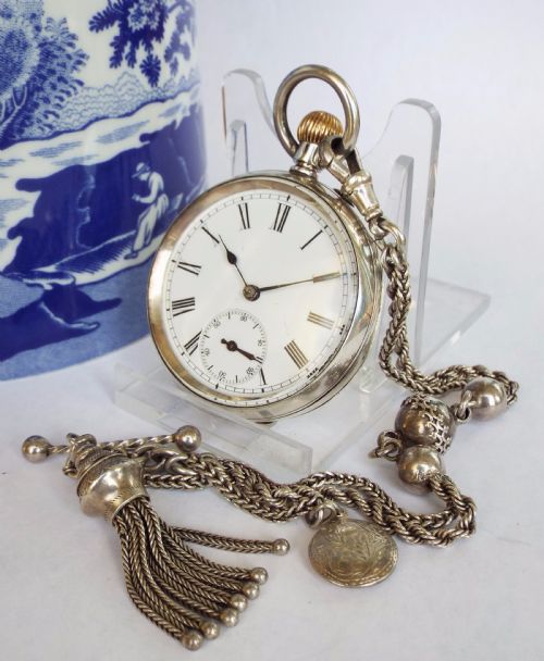 Small Antique Swiss Silver Pocket Watch and Albertina