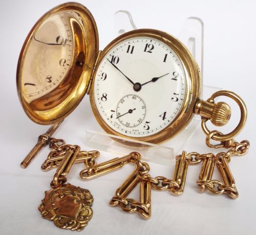Swiss Full Hunter Pocket Watch and Chain, Circa 1910s