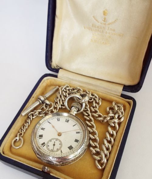 1908 Waltham Silver Miniature Pocket Watch & Chain