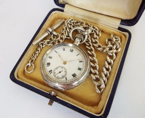 fig 1. 1908 Waltham silver miniature pocket watch & chain