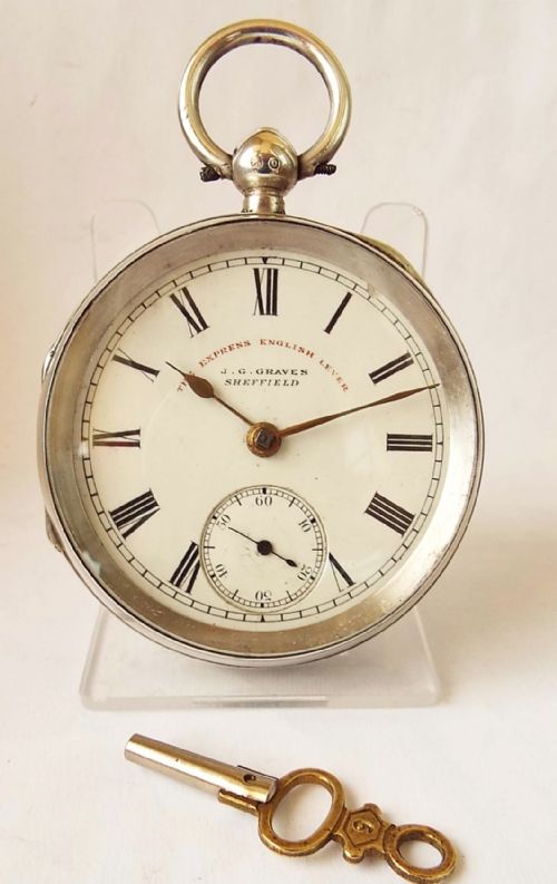 An Antique "Express" English Lever Sterling Silver Pocket Watch from J G Graves of Sheffield