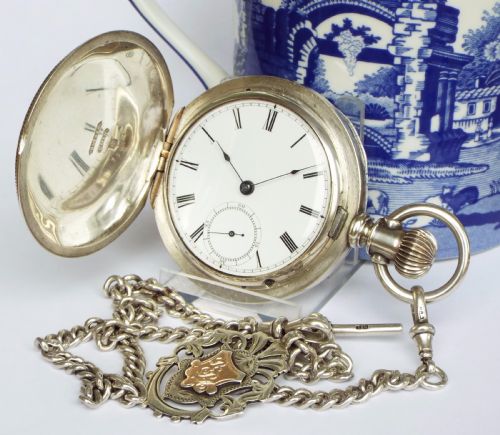 1880 Waltham Full Hunter Silver Pocket Watch & Chain