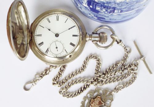 fig 1. 1880 Waltham full hunter silver pocket watch & chain
