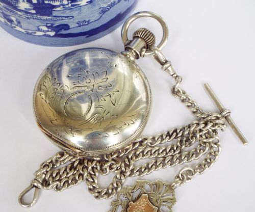 fig 2. 1880 Waltham full hunter silver pocket watch & chain