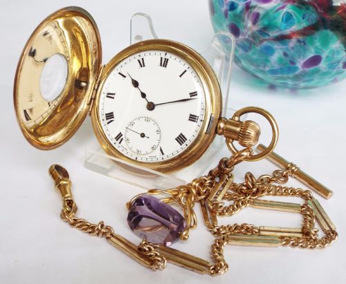 Antique Tacy Half Hunter Pocket Watch & Chain