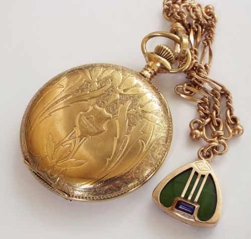 fig 2. Art Nouveau hunter pocket watch and albert, 1912