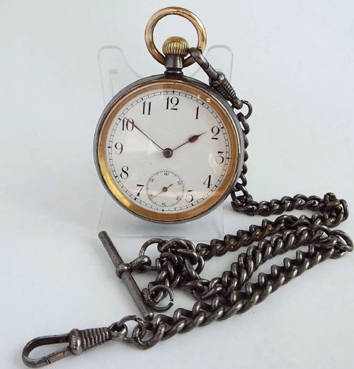 Antique Gun Metal Omega Pocket Watch & Chain. Circa 1900