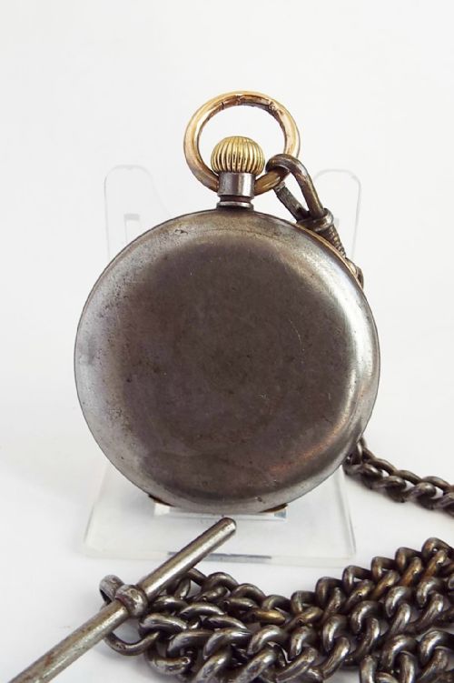 fig 1. Antique gun metal Omega pocket watch & chain. Circa 1900