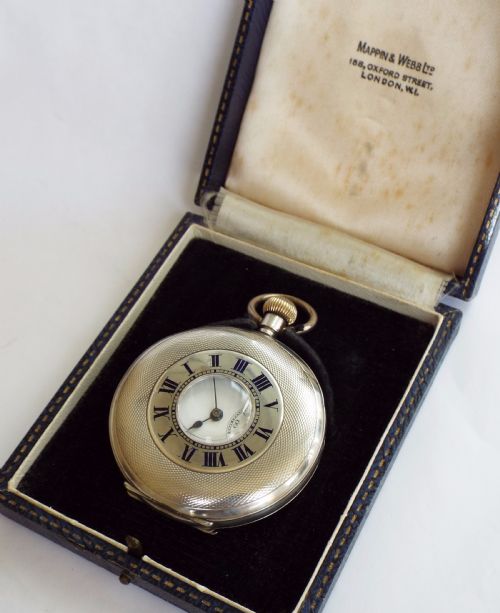 fig 1. Boxed 1918 silver Syren half hunter pocket watch