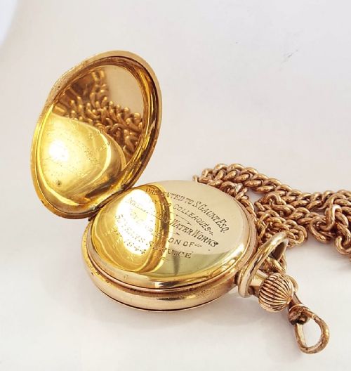 fig 2. An antique Waltham full hunter pocket watch & chain.