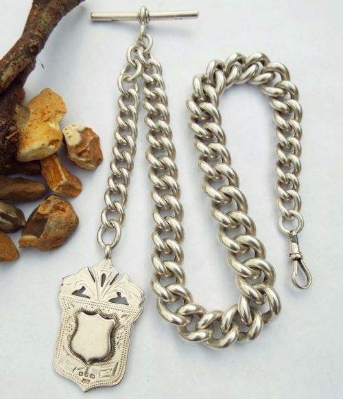 Heavy 1898 Silver Goliath Watch Chain with Fob, 246g