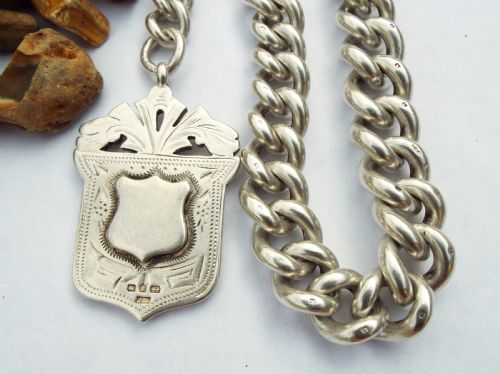 fig 1. Heavy 1898 silver Goliath watch chain with fob, 246g
