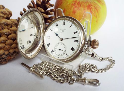 1928 Rotherhams Silver Hunter Pocket Watch and Chain