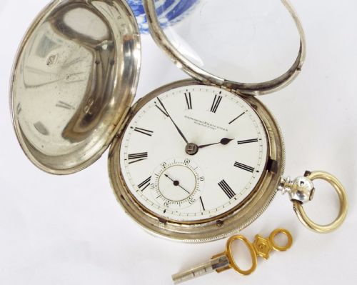 fig 1. English silver full hunter pocket watch by Grinberg & Reichmann, 1875
