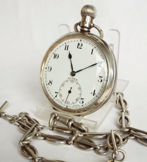 1930s Silver Buren Grand Prix Pocket Watch & Chain