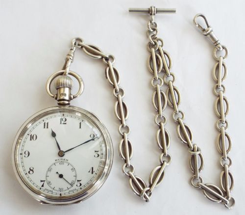 fig 1. 1930s silver Buren Grand Prix pocket watch & chain