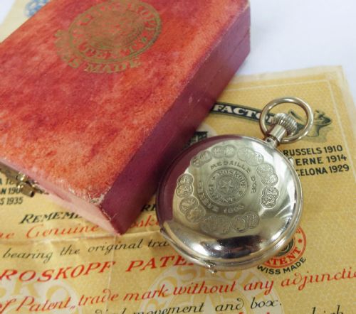 fig 1. 1930s boxed Roskopf Patent hunter pocket watch