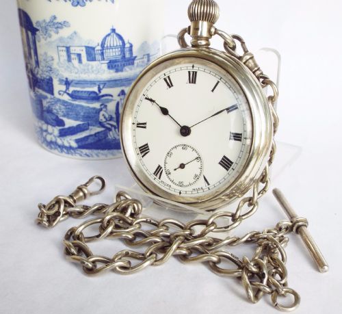 1921 Silver Open Faced Pocket Watch and Chain