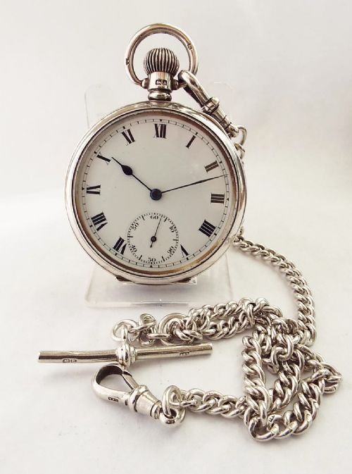Antique 1926 Silver English Lever Pocket Watch, with 1926 Albert Chain.