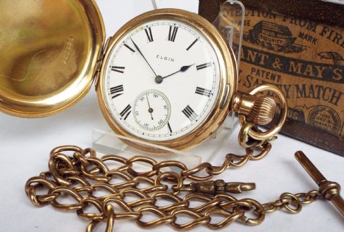Antique 1905 Elgin Hunter Pocket Watch & Chain
