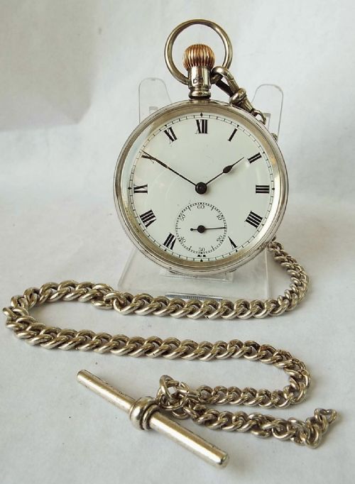 Antique 1905 Silver Satisfaction Pocket Watch & Chain.