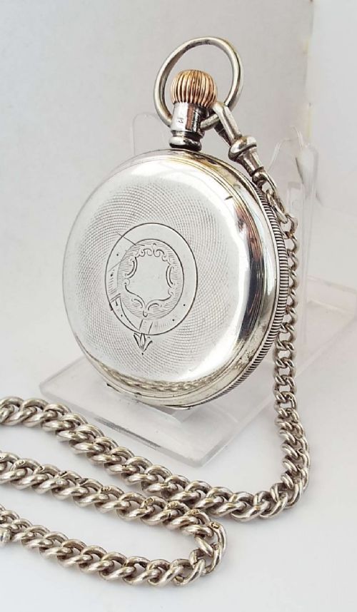 fig 1. Antique 1905 silver Satisfaction pocket watch & Chain.