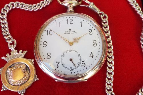 fig 2. Antique Zenith silver pocket watch with silver chain
