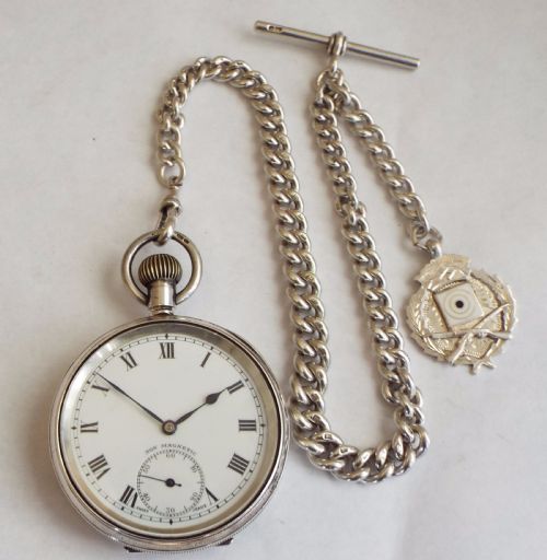 fig 1. 1918 silver pocket watch, albert and shooting fob