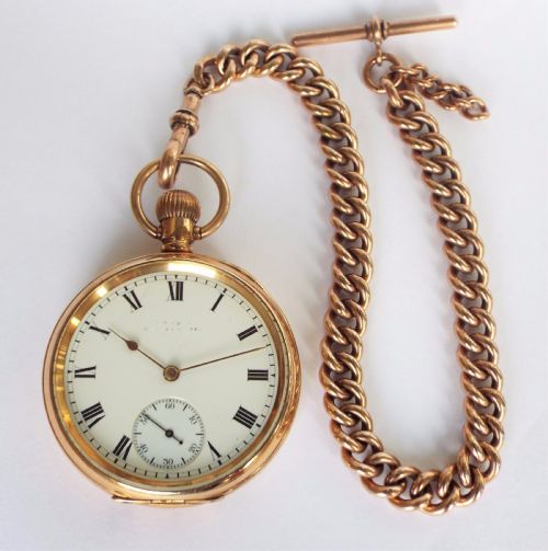 fig 1. 1908 Waltham Traveler pocket watch and chain