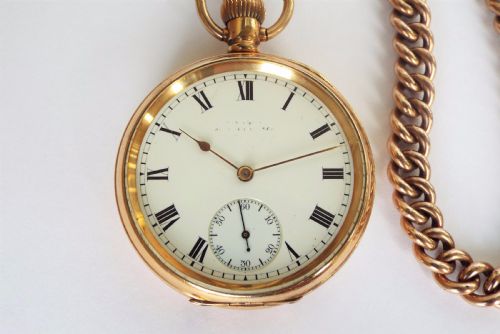 fig 2. 1908 Waltham Traveler pocket watch and chain